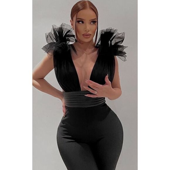 Fashion Nova Black Bandage Jumpsuit Tulle Detail Faux Leather Waistband L - Picture 4 of 12